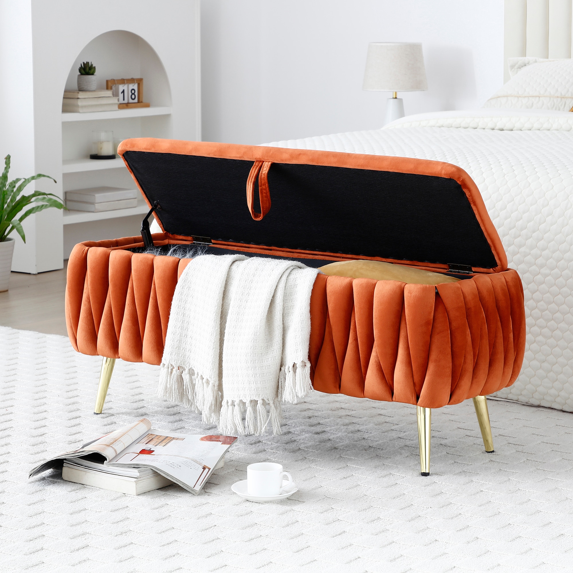 Oval Storage Bench With Gold Legs,Velvet Fabric ,Woven,Upholstered Ottoman Storage Benches For Bedroom End Of Bed,Sherpa Fabric Bench For Living Room,Dining Room,Entryway,Bed Side,Orange,5 Colors_voghion.com